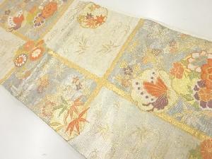 リサイクル 格子に花・蝶模様織り出し袋帯